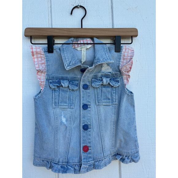 Matilda Jane Denim Jean Vest, Pink Ruffle Sleeves, Bow Pockets, Sz 6 - Picture 1 of 4